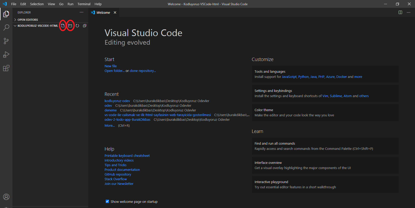 VS Code'da klasör seçme ekranı